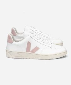 Veja White and Pastel Pink Classic V 12 Leather Womens Trainer Shoes