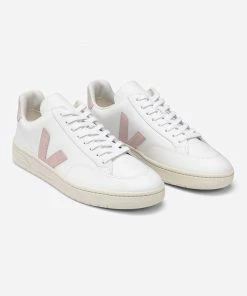 Veja White and Pastel Pink Classic V 12 Leather Womens Trainer Shoes