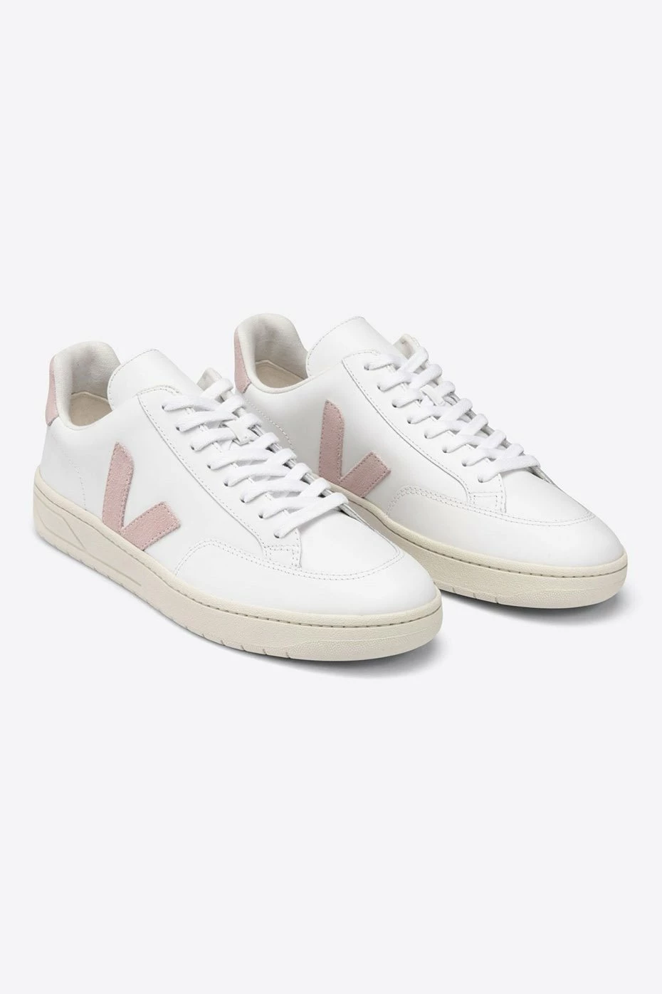 Veja White and Pastel Pink Classic V 12 Leather Womens Trainer Shoes