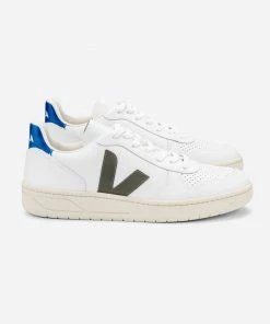 Veja V-10 WHITE KHAKI INDIGO LEATHER TRAINER MENS